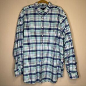 Ralph Lauren Long Sleeve Plaid Oxford‎ Shirt Men Aqua Blue Size 2XB 100% Cotton